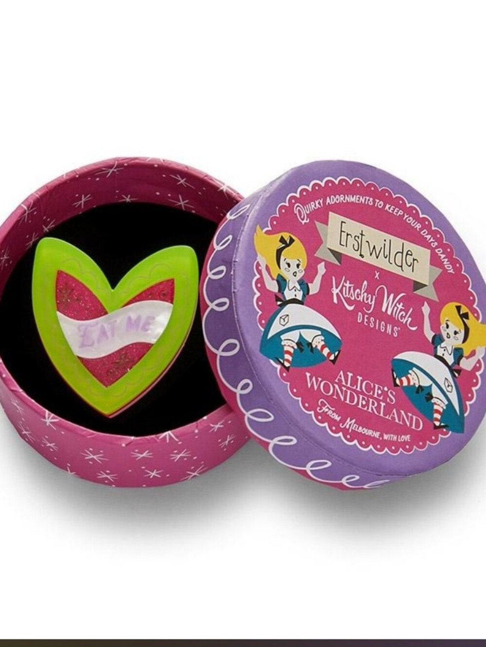 Alice's Wonderland Green & Pink Heart Brooch